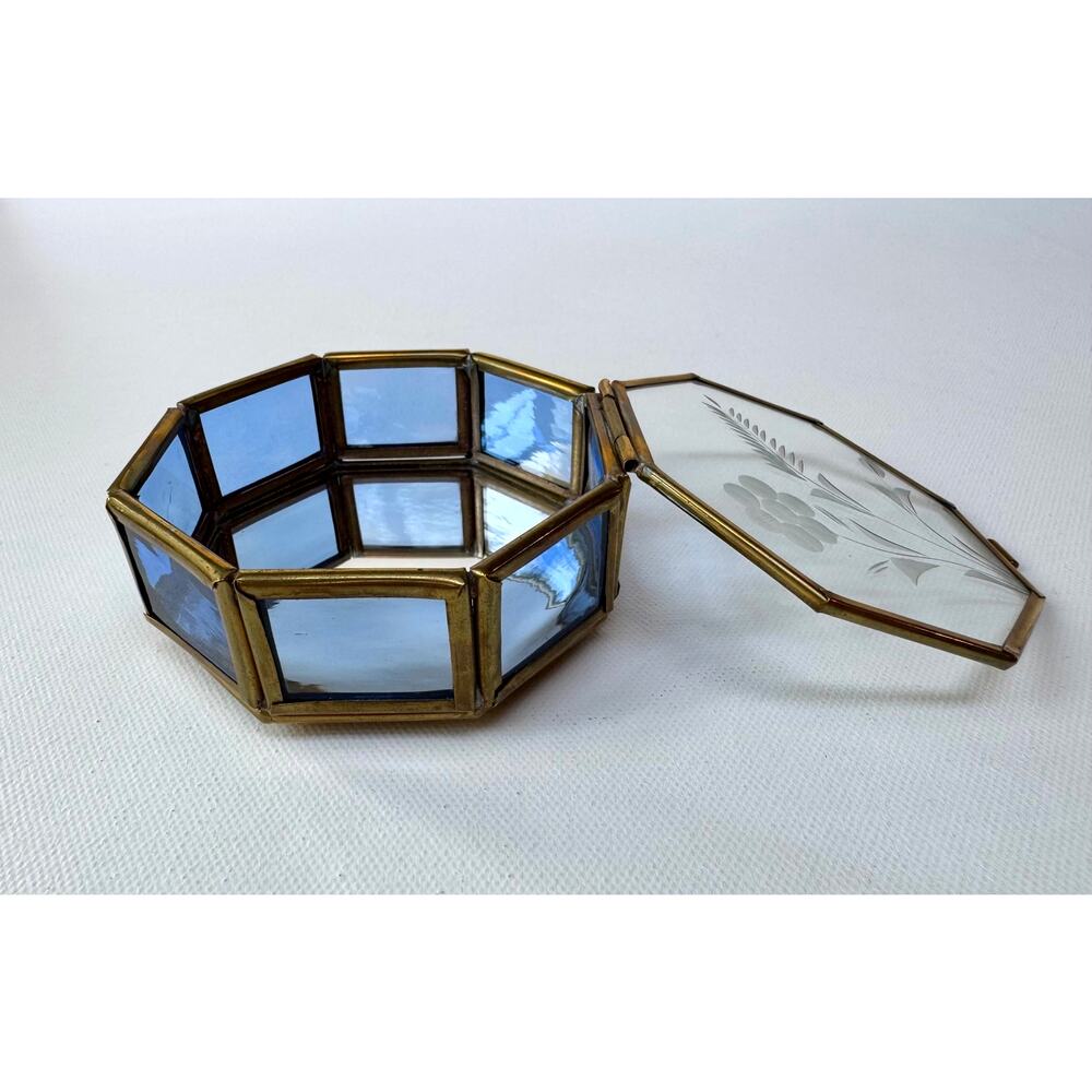 Vintage Via Vermont Blue Glass Brass Octagonal Jewelry Trinket Box